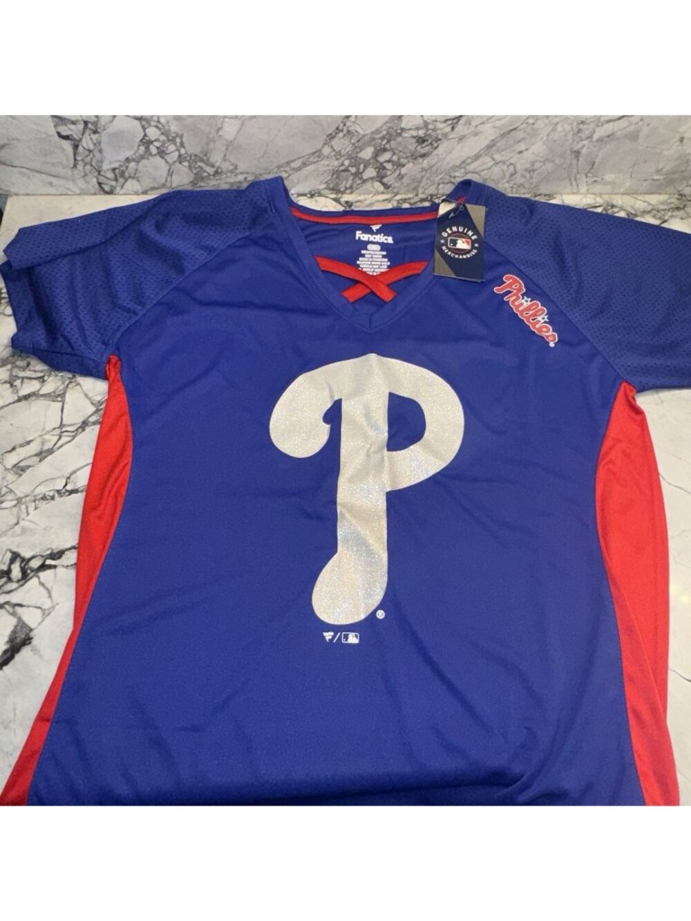 Fanatics Women's 1X Royal Philadelphia Phillies Plus Size Glitter Raglan V-Neck